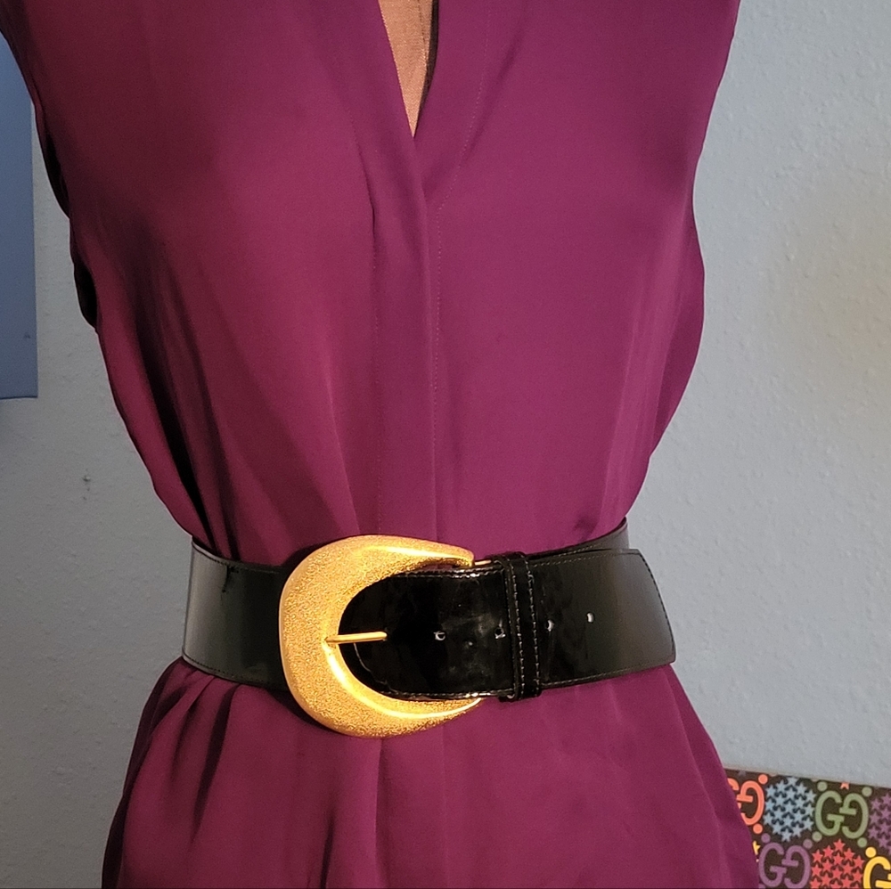 St. John Patent Leather Black Belt with Gold Buckle